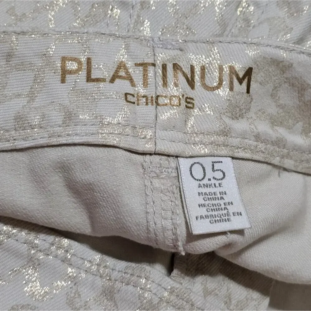 Chico's Platinum Gold Geometric Print Stretch Straight High Waist Jeans Size 6‎